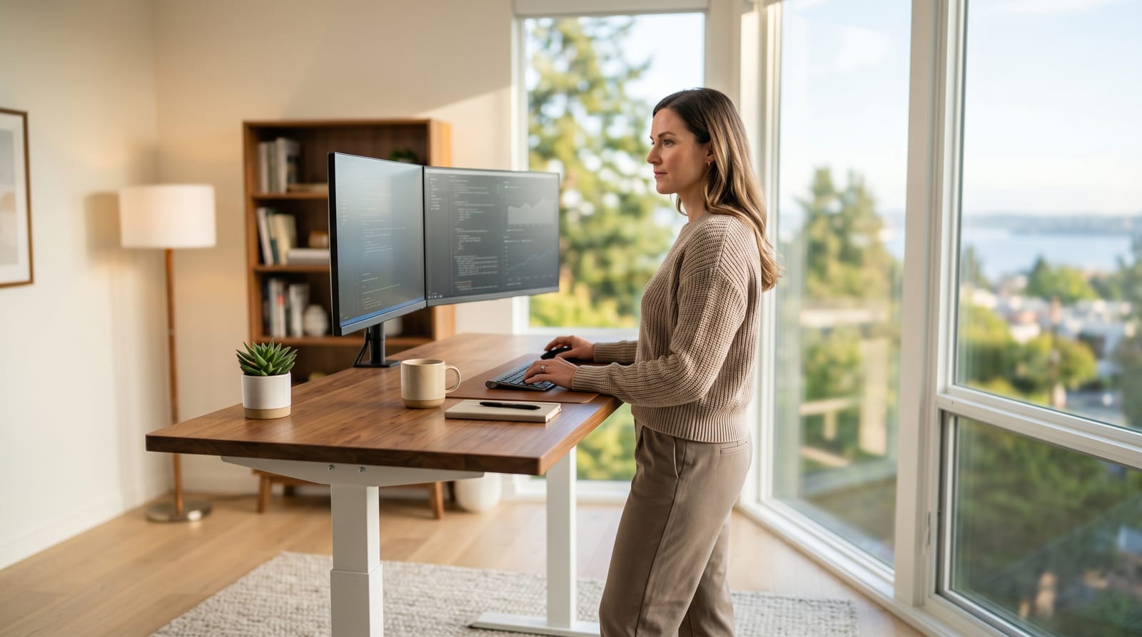 A person standing and working at a wood standing desk with dual monitors beside a bright window